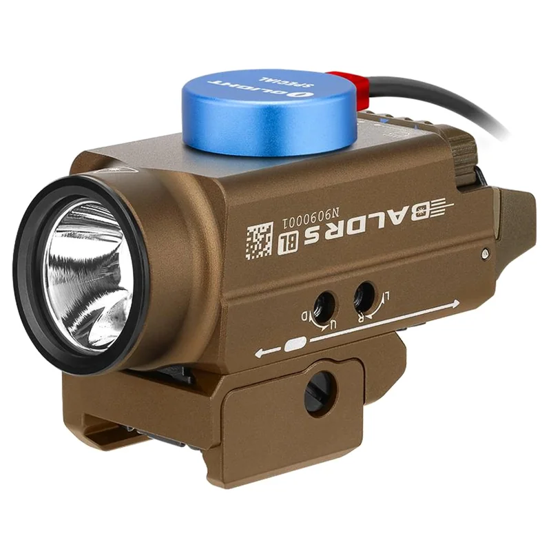 Olight BALDR S Cool White Desert Tan Latarka na broń z celownikiem laserowym - 800 lumenów, niebieski laser
