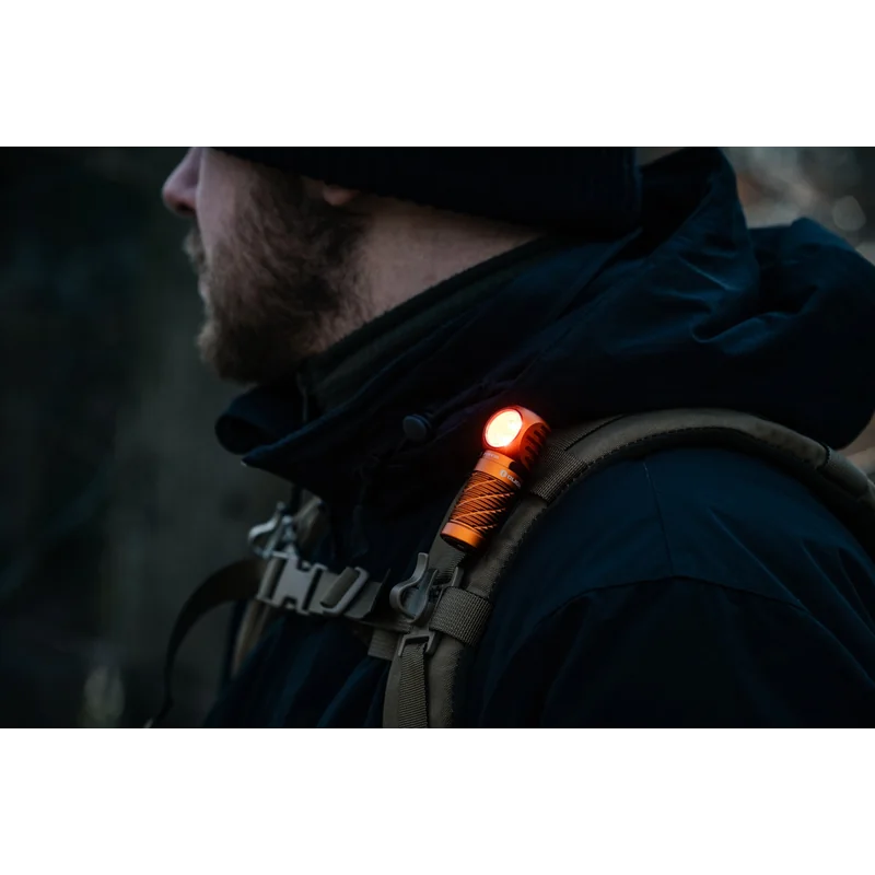 Latarka czołowa Olight Perun 3 Mini Cool White Orange z latarką kątową i opaską na głowę - 1250 lumenów